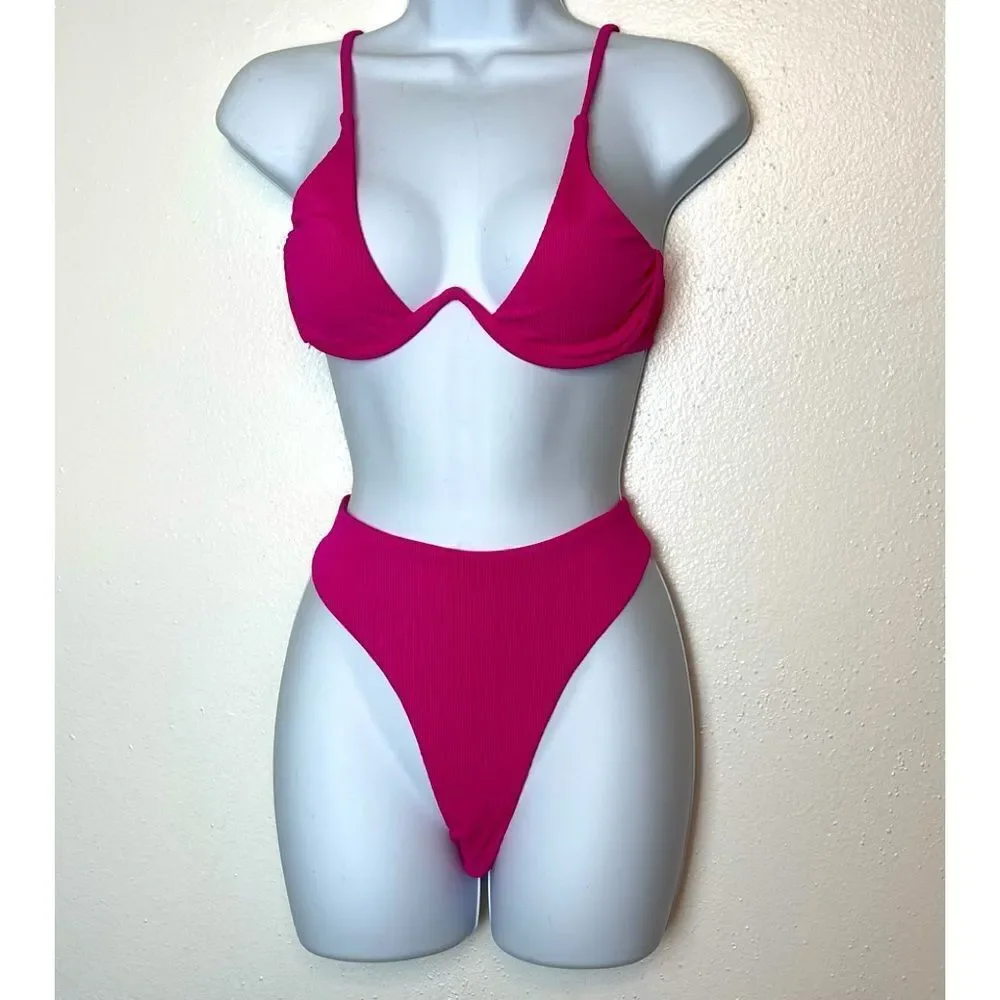 Bright Pink Bikini with Structured Top and High Cut Thigh Bottom